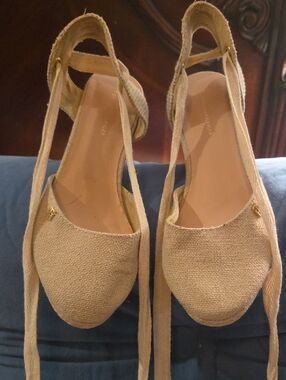 Tommy Hilfiger Nowell Natural Beige Canvas Espadrille with Ankle Ties Sz 7.5